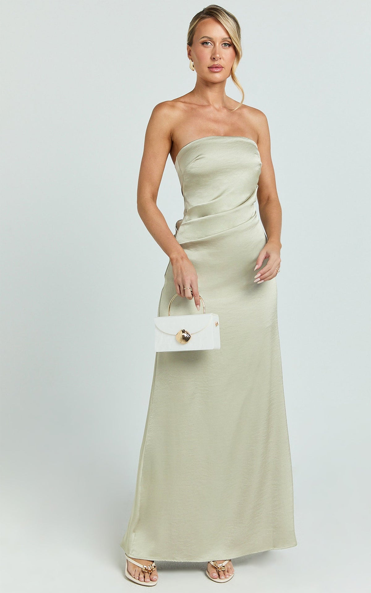 Laurie Maxi Dress - Strapless Draped Satin Dress in Light Olive