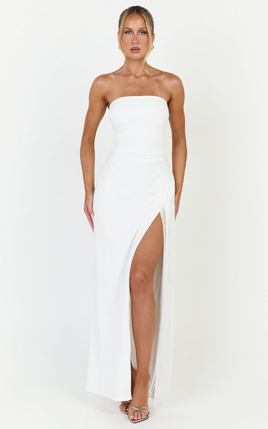 Liana Maxi Dress - Strapless Pearl Fringe Dress in White