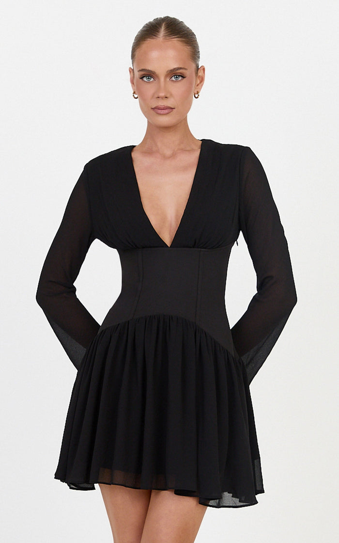 Lillian Mini Dress - Contrast Corset Flute Sleeve Dress in Black