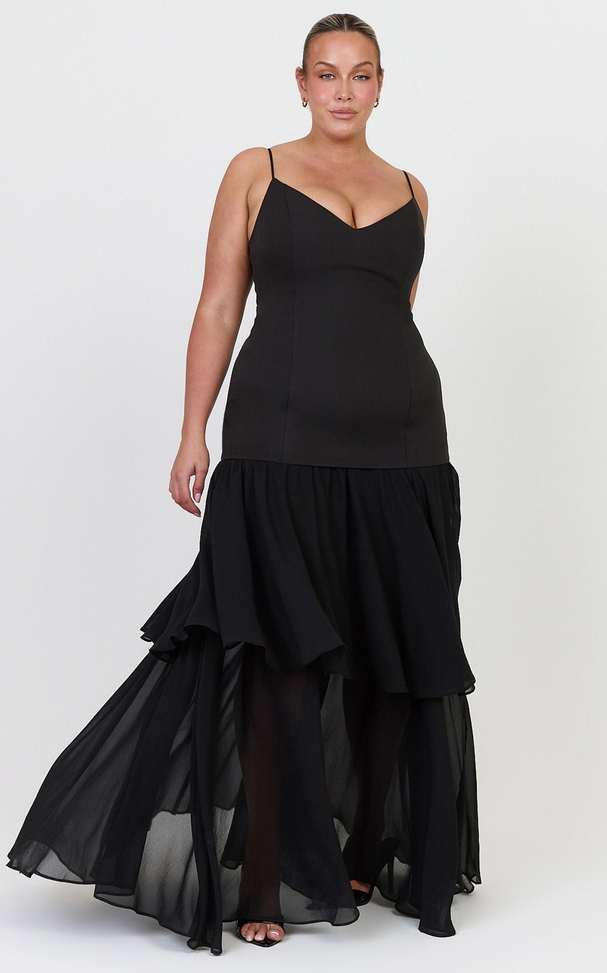 Lily Maxi Dress - Lace Up Back V Neck Tiered Georgette Dress in Black