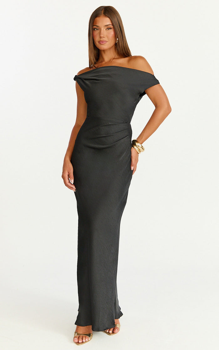 Lira Maxi Dress - One Shoulder Satin Dress in Black