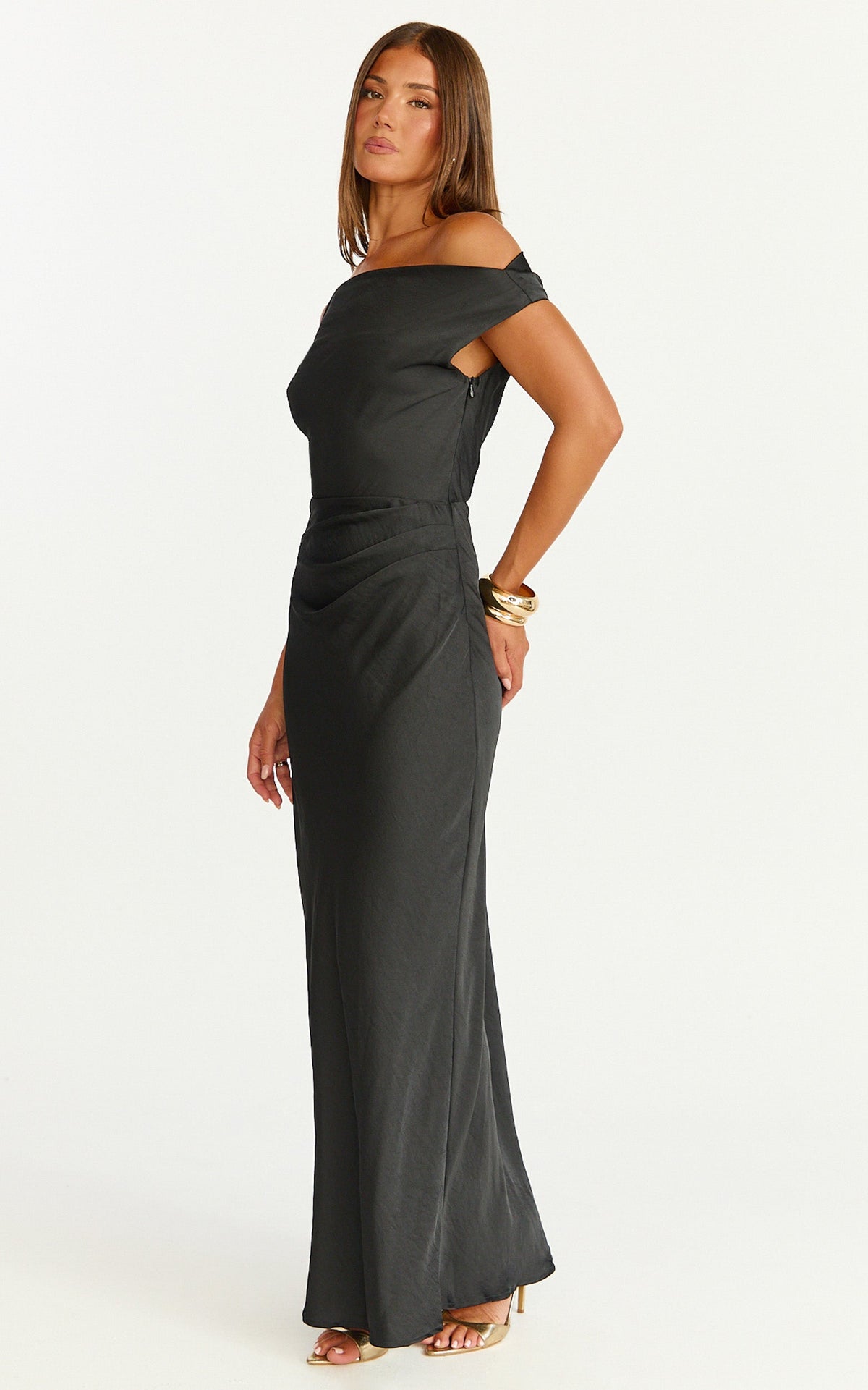 Lira Maxi Dress - One Shoulder Satin Dress in Black