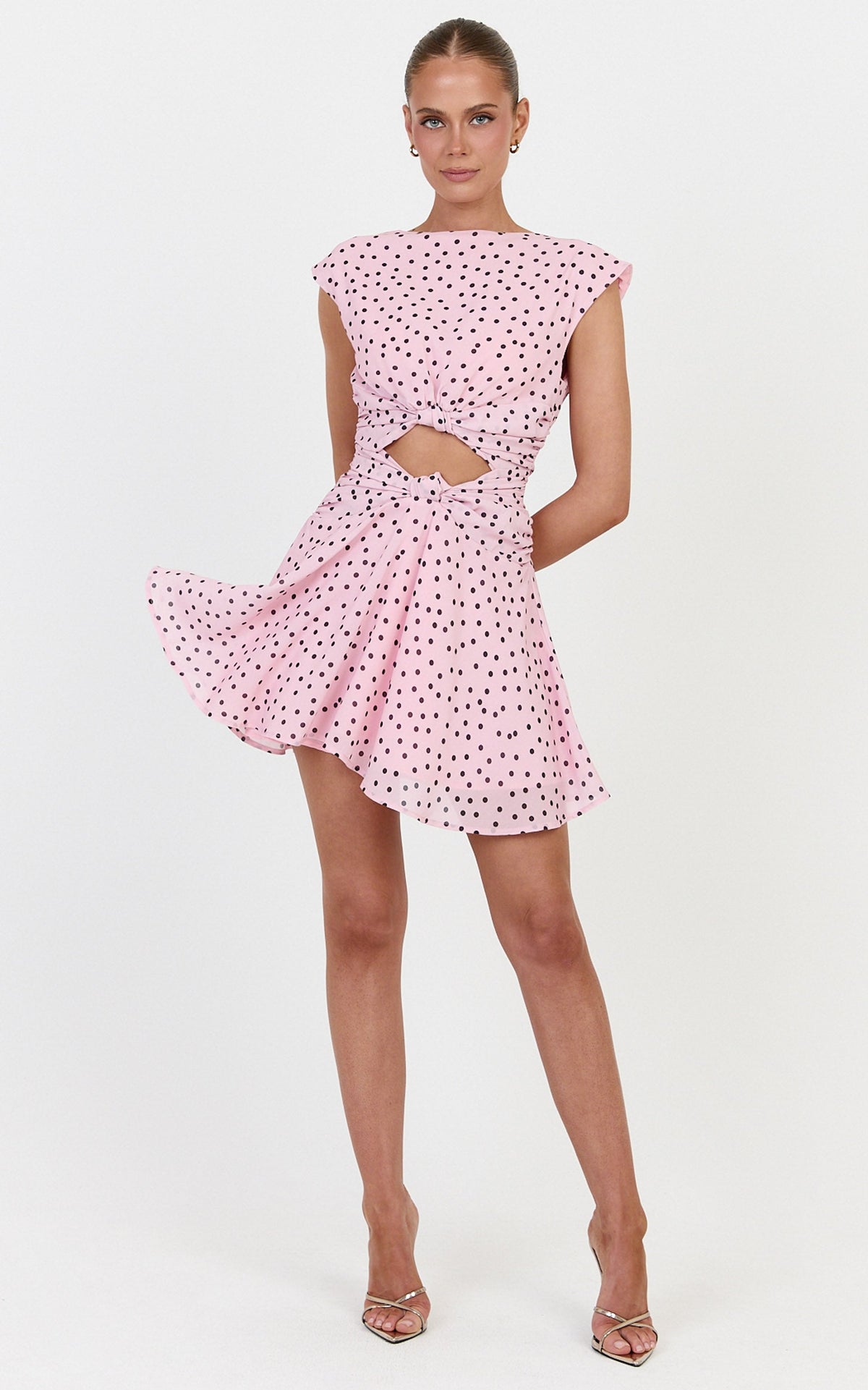Livia Mini Dress - Cut Out Knot Detail Dress in Blush Scattered Polka Dot Print