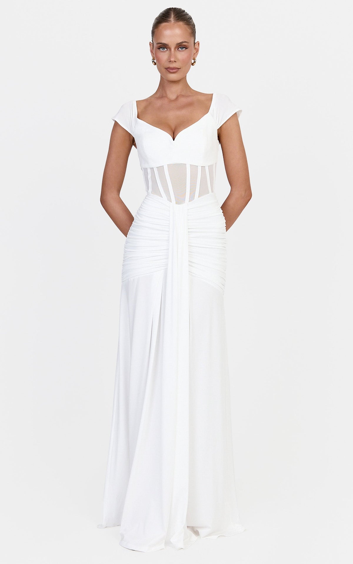 Luciana Maxi Dress - Sheer Corset Bodice Dress With Cap Sleeves And Hip Drape Details in White