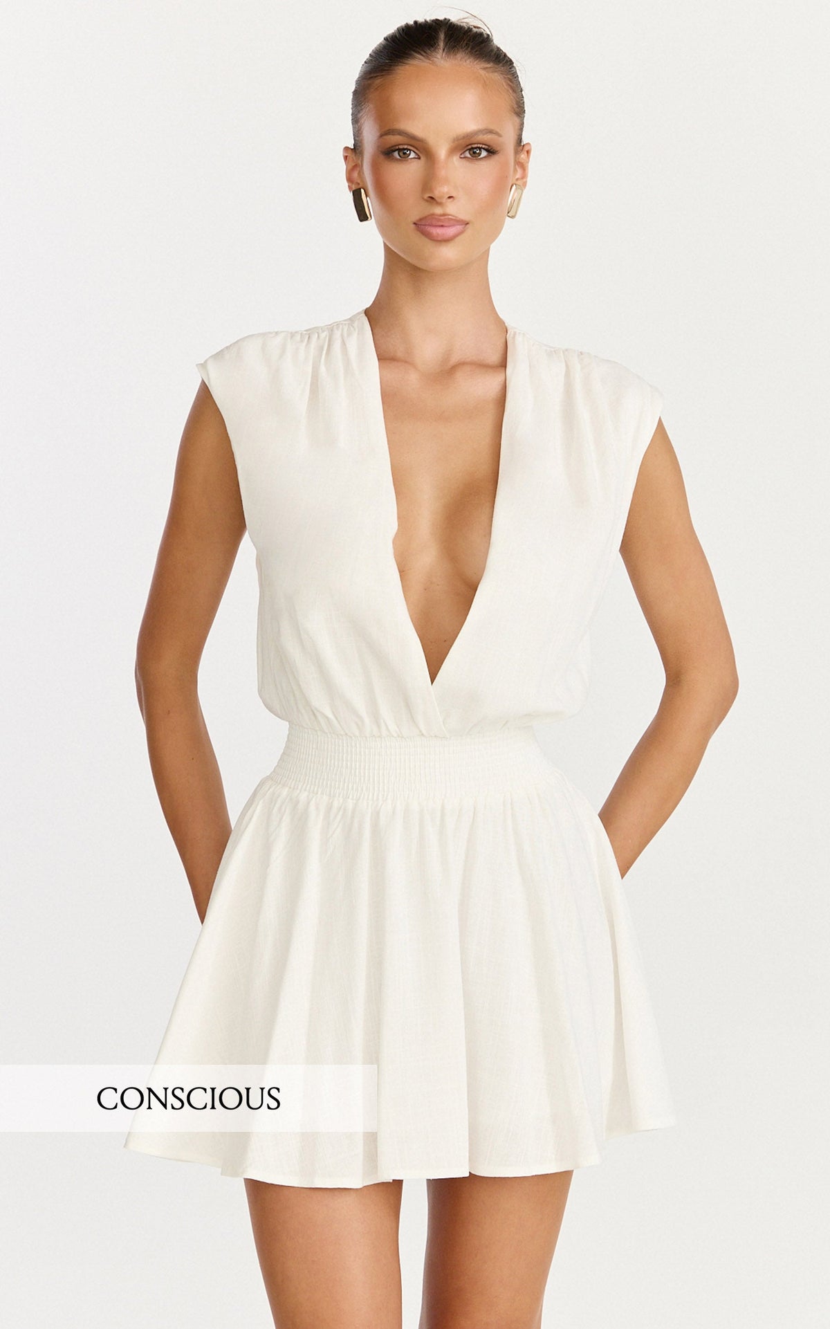 Luisa Mini Dress - Plunge Neckline Linen Blend Fit and Flare Dress in Off White
