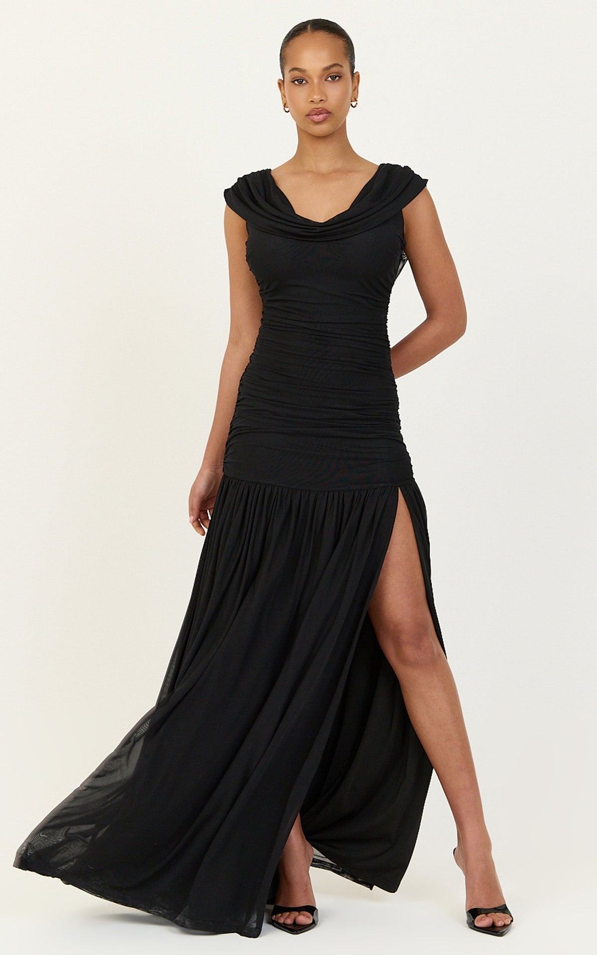 Lume Maxi Dress - Cowl Neck Ruched Dress With Drop Waist And Tie Detail in Black