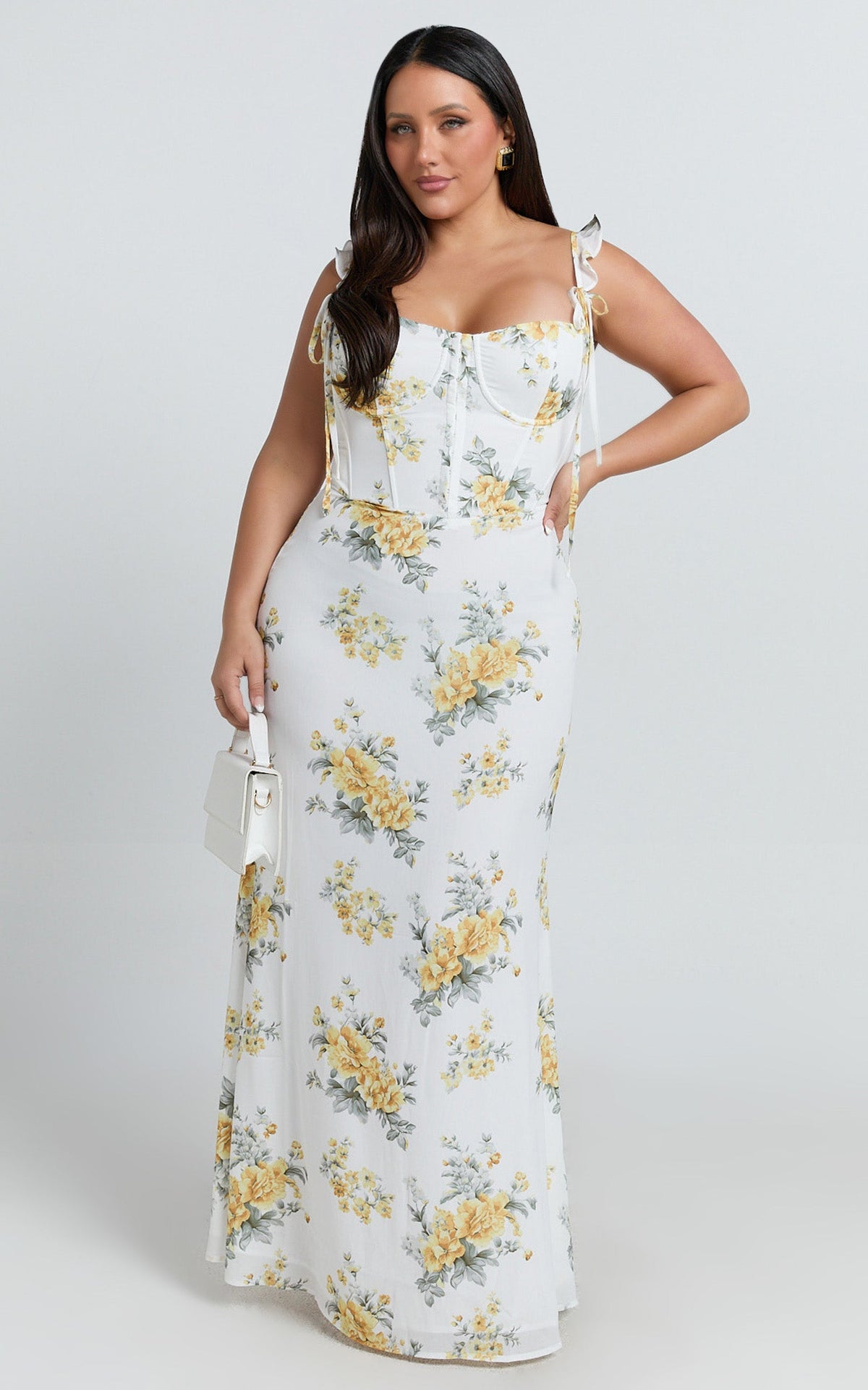 Mabel Maxi Dress - Georgette Frill Sleeve Sweetheart Bias Cut Dress in Antique Florals