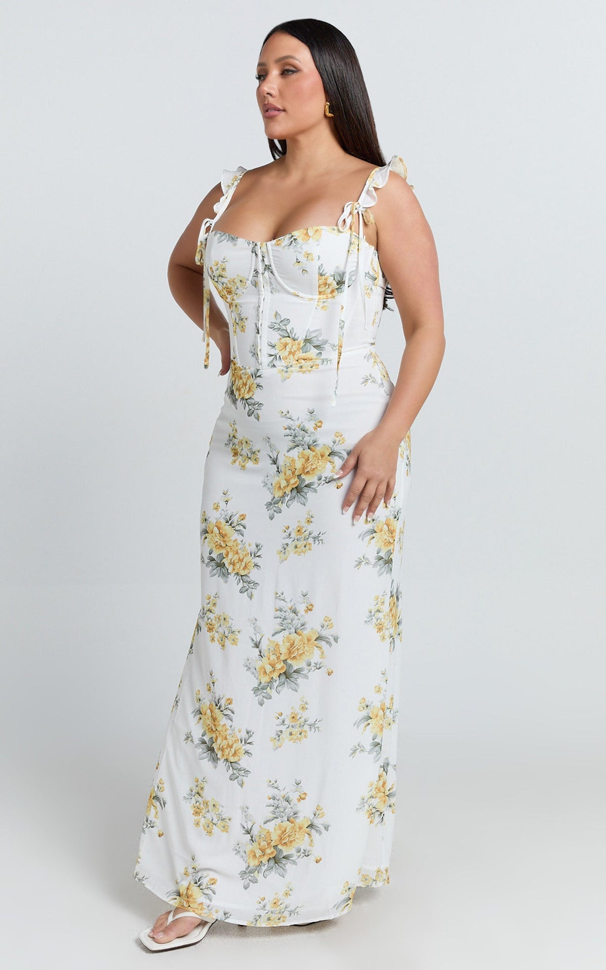 Mabel Maxi Dress - Georgette Frill Sleeve Sweetheart Bias Cut Dress in Antique Florals