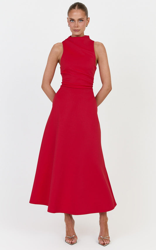 Macy Midi Dress - High Neck A Line Dress in Red