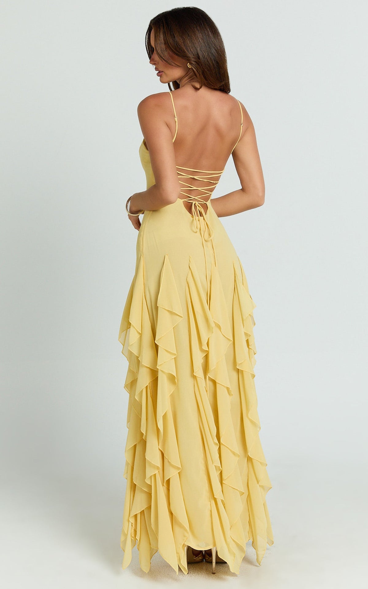 Maeve Maxi Dress - V Neck Ruffle Tier Slip Dress in Lemon