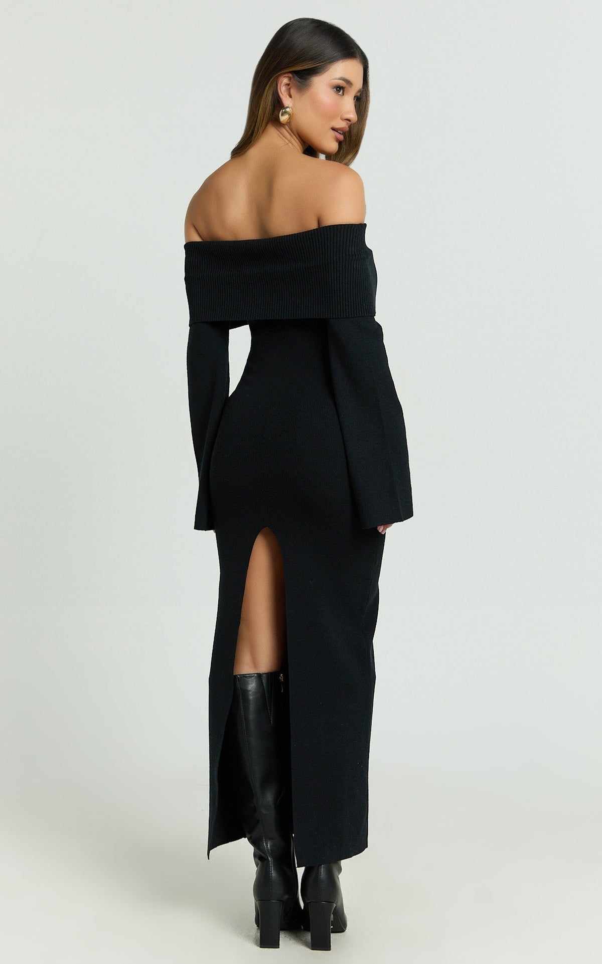 Maisie Midi Dress - Off Shoulder Long Sleeve Fitted Column Knit Dress in Black