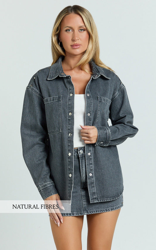 Makayla Top - Long Sleeve Stud Detail Denim Shirt in Dark Grey