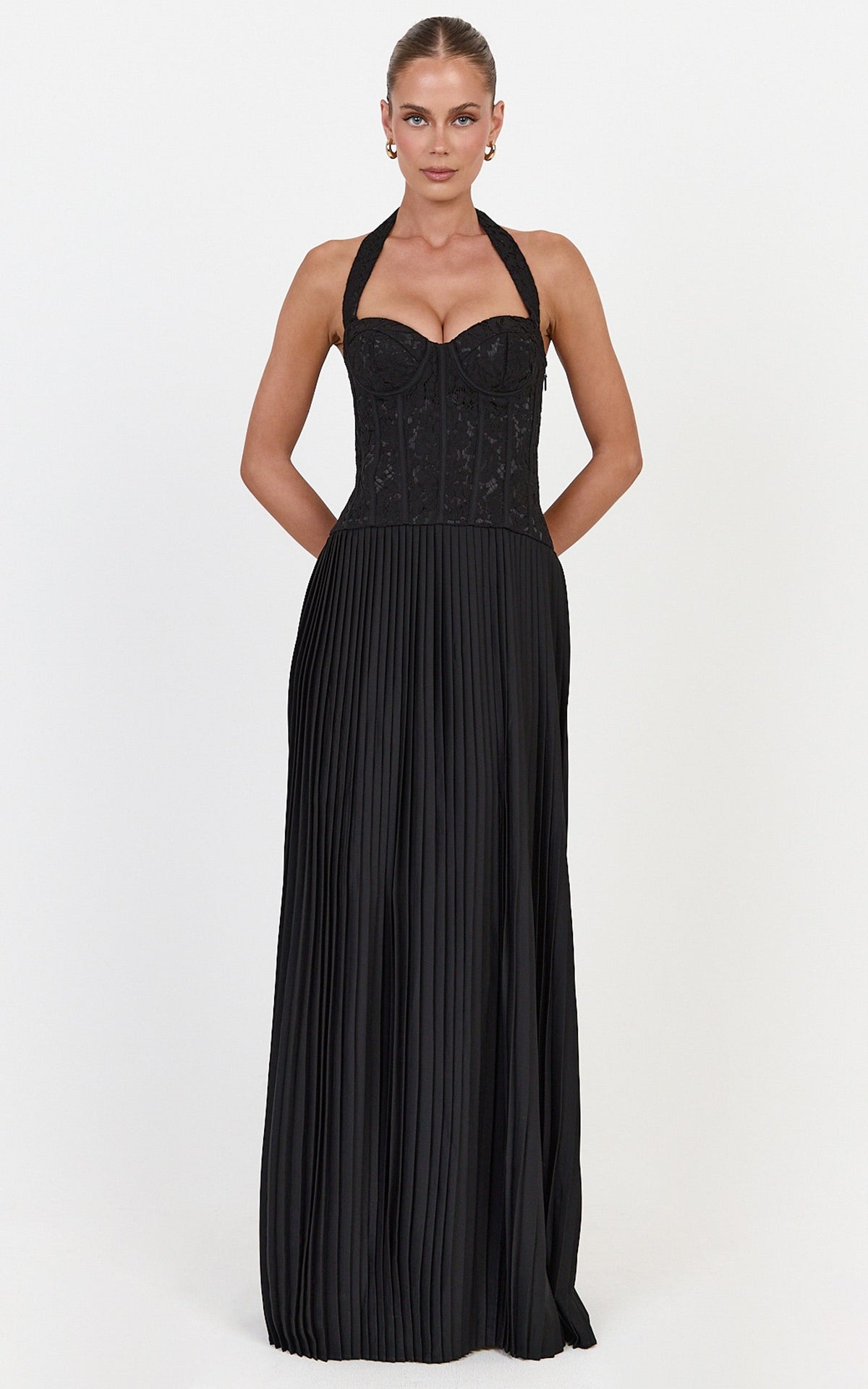 Malia Maxi Dress - Lace Corset Bodice Contrast Pleated Skirt Halter Dress in Black