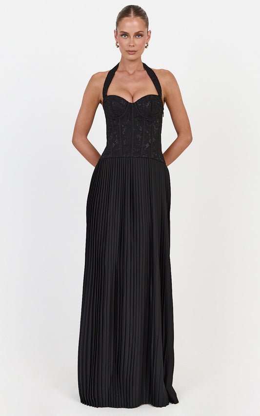 Malia Maxi Dress - Lace Corset Bodice Contrast Pleated Skirt Halter Dress in Black