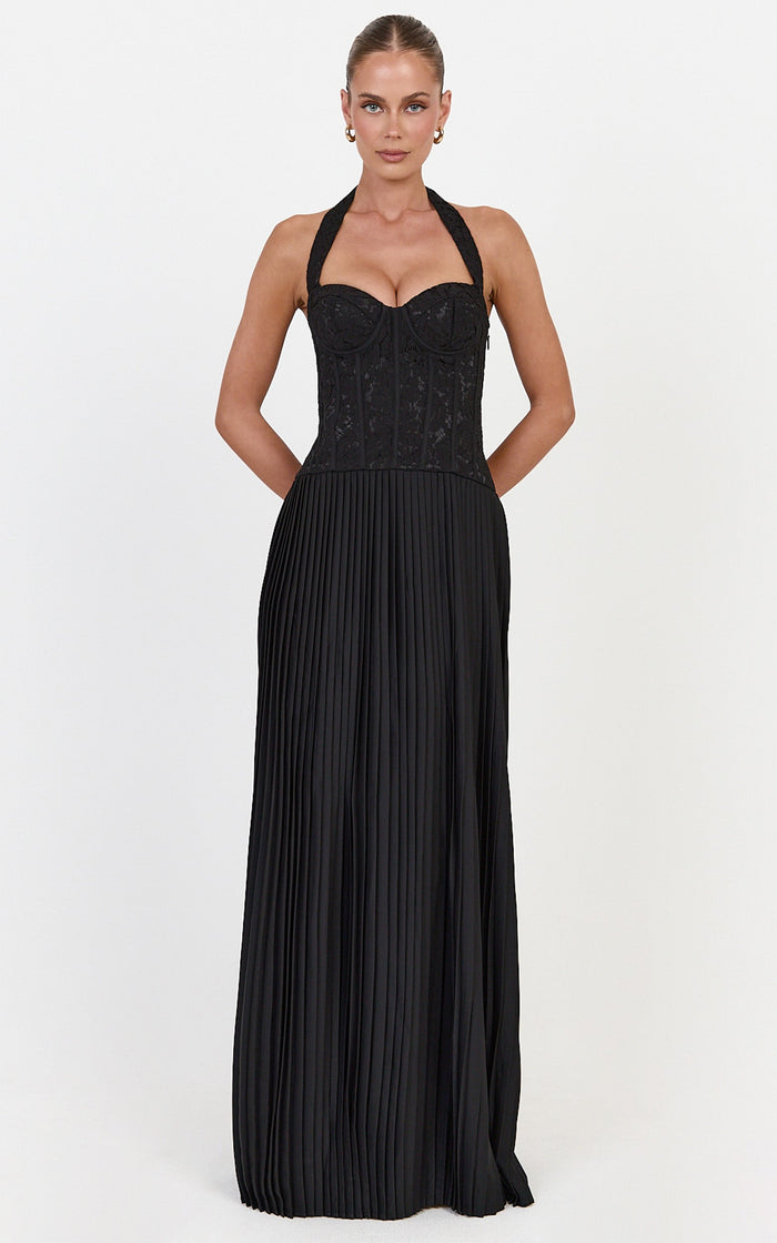 Malia Maxi Dress - Lace Corset Bodice Contrast Pleated Skirt Halter Dress in Black
