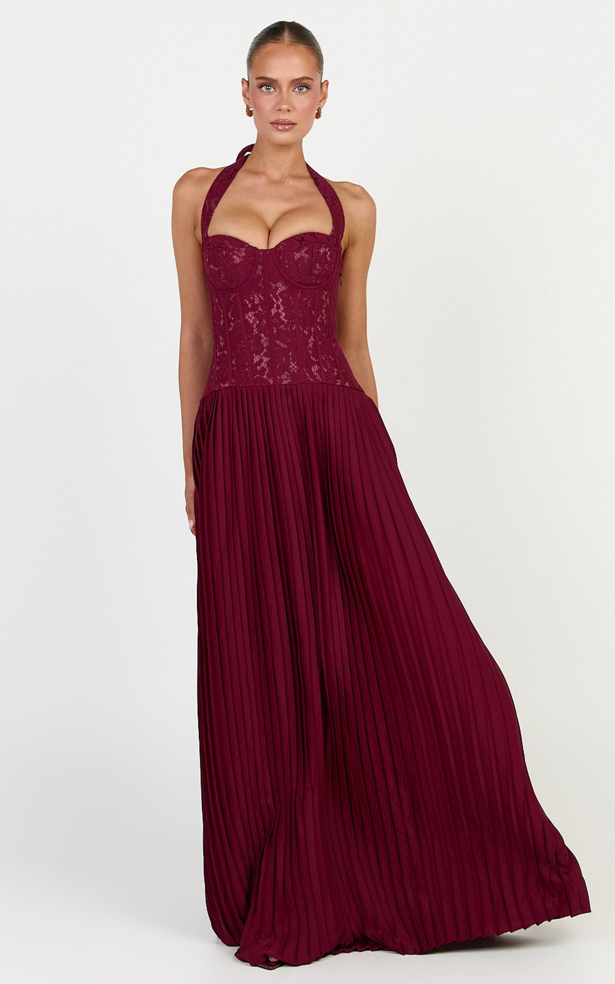 Malia Maxi Dress - Lace Corset Bodice Contrast Pleated Skirt Halter Dress in Wine