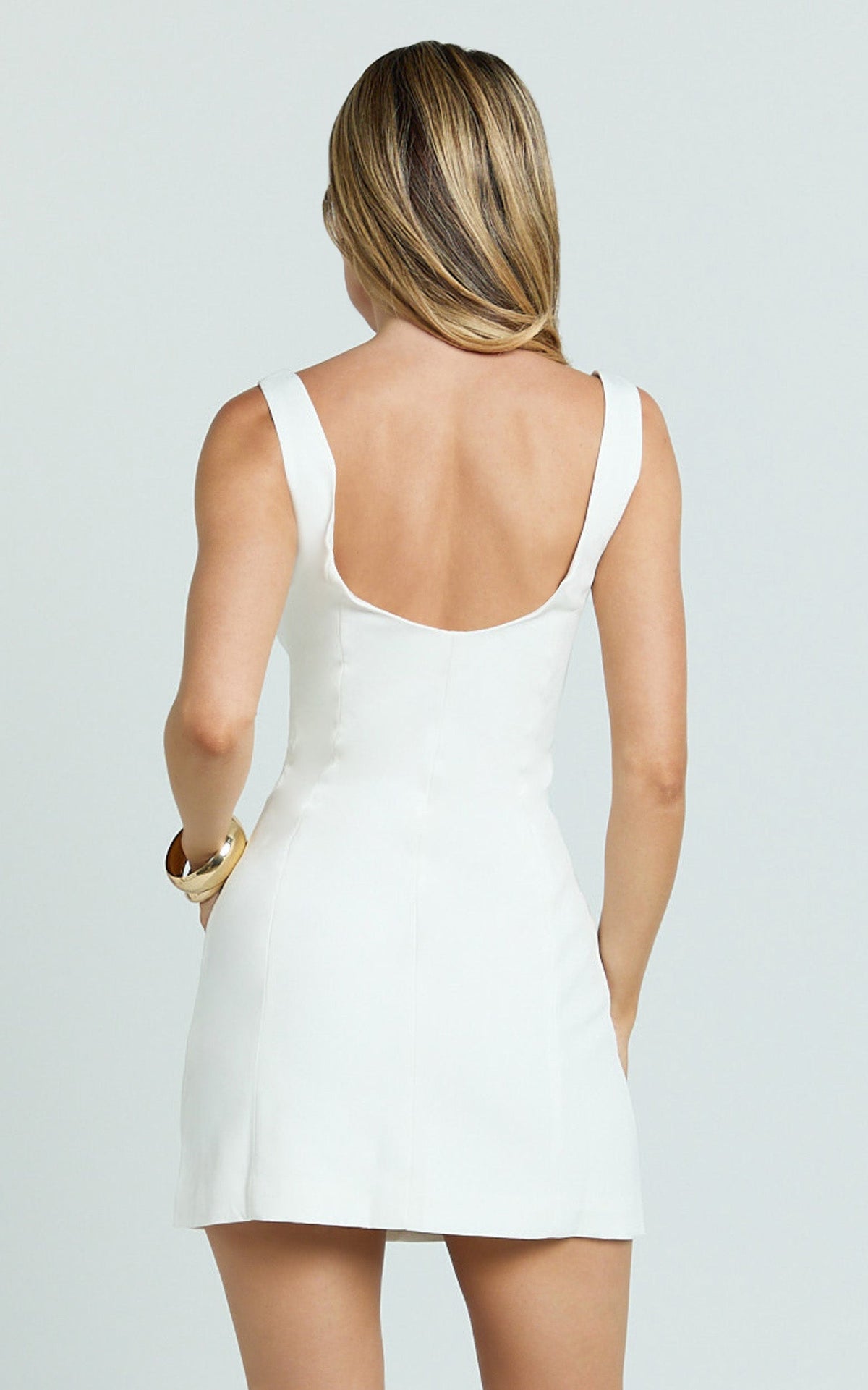 Marcia Mini Dress - Scoop Neck Hook And Eye Front Bodice Fitted Dress in Cream