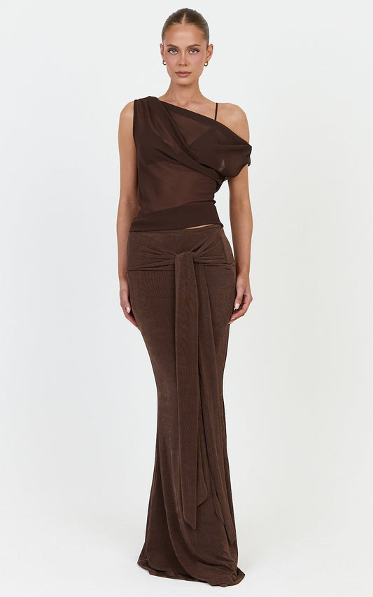 Margaret Maxi Skirt - Tie Waist Jersey Maxi Skirt in Chocolate