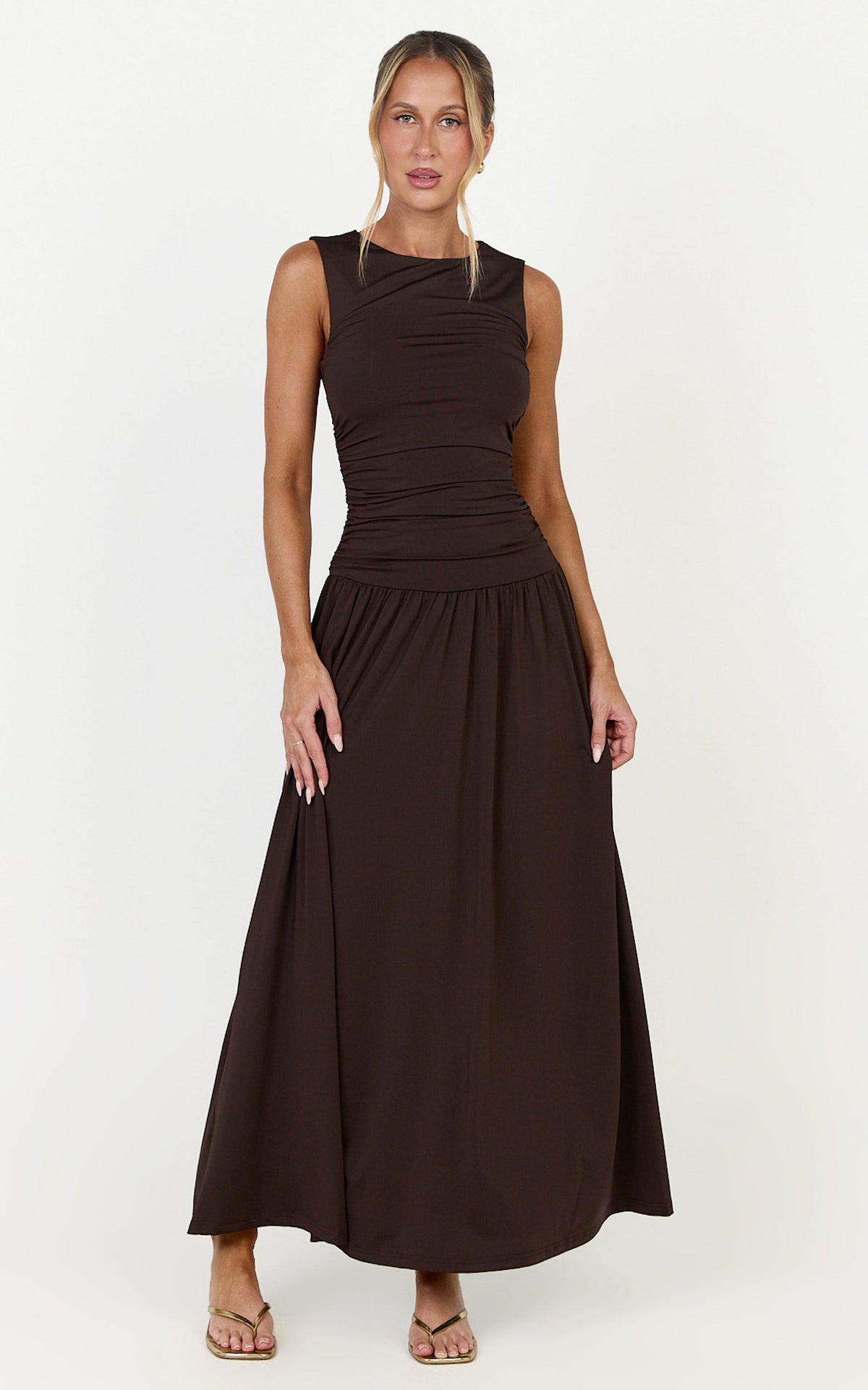 Marguerite Maxi Dress - Gathered Detail Dropped Waist Dress in Dark Chocolate
