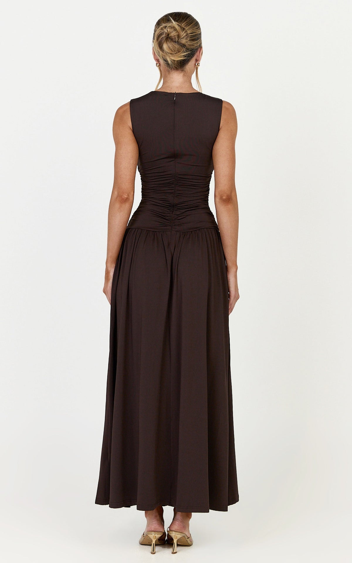Marguerite Maxi Dress - Gathered Detail Dropped Waist Dress in Dark Chocolate