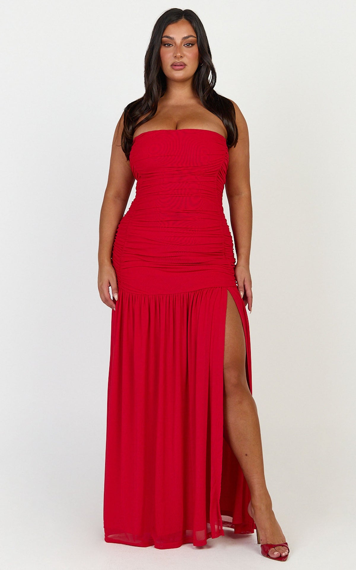 Marguerite Maxi Dress - Strapless Ruched Mesh High Leg Split Dress in Red