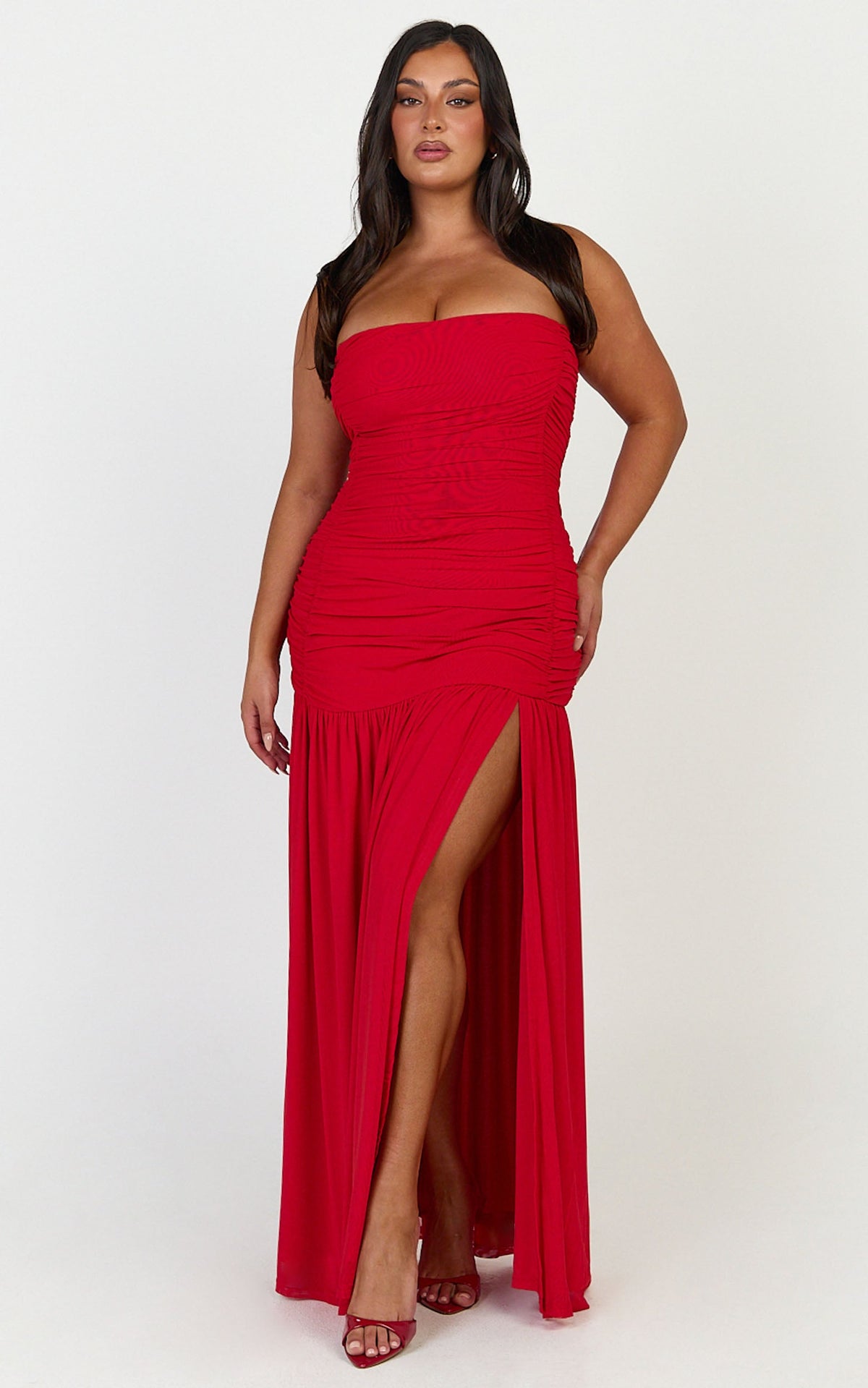 Marguerite Maxi Dress - Strapless Ruched Mesh High Leg Split Dress in Red