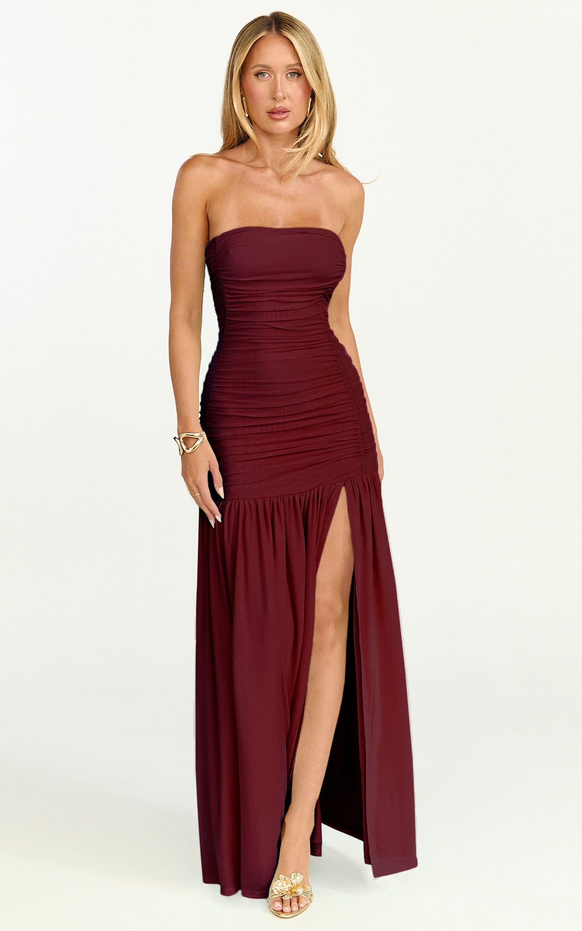 Marguerite Maxi Dress - Strapless Ruched Mesh High Leg Split Dress in Wine