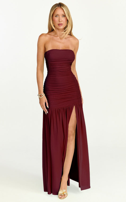 Marguerite Maxi Dress - Strapless Ruched Mesh High Leg Split Dress in Wine