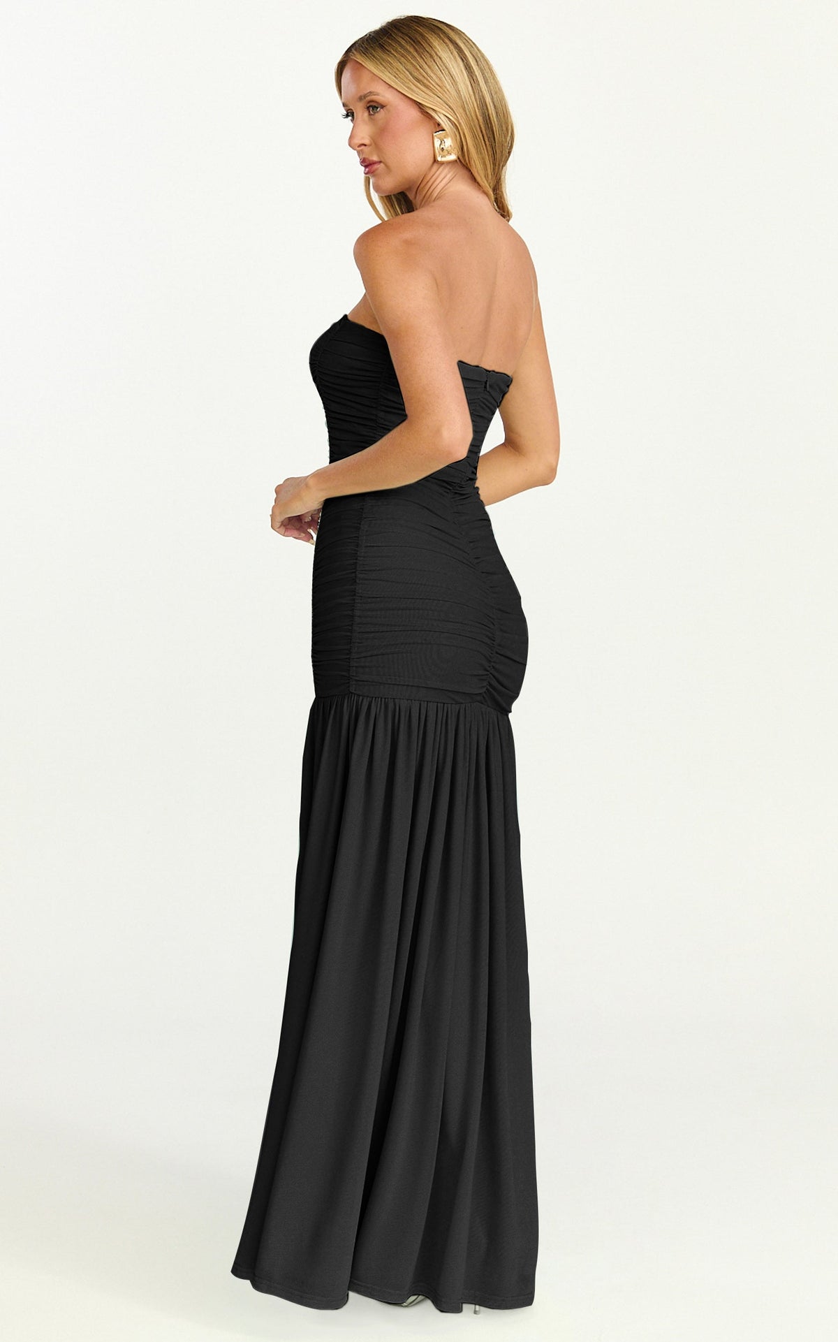 Marguerite Maxi Dress - Strapless Ruched Mesh High Leg Split Dress in Black