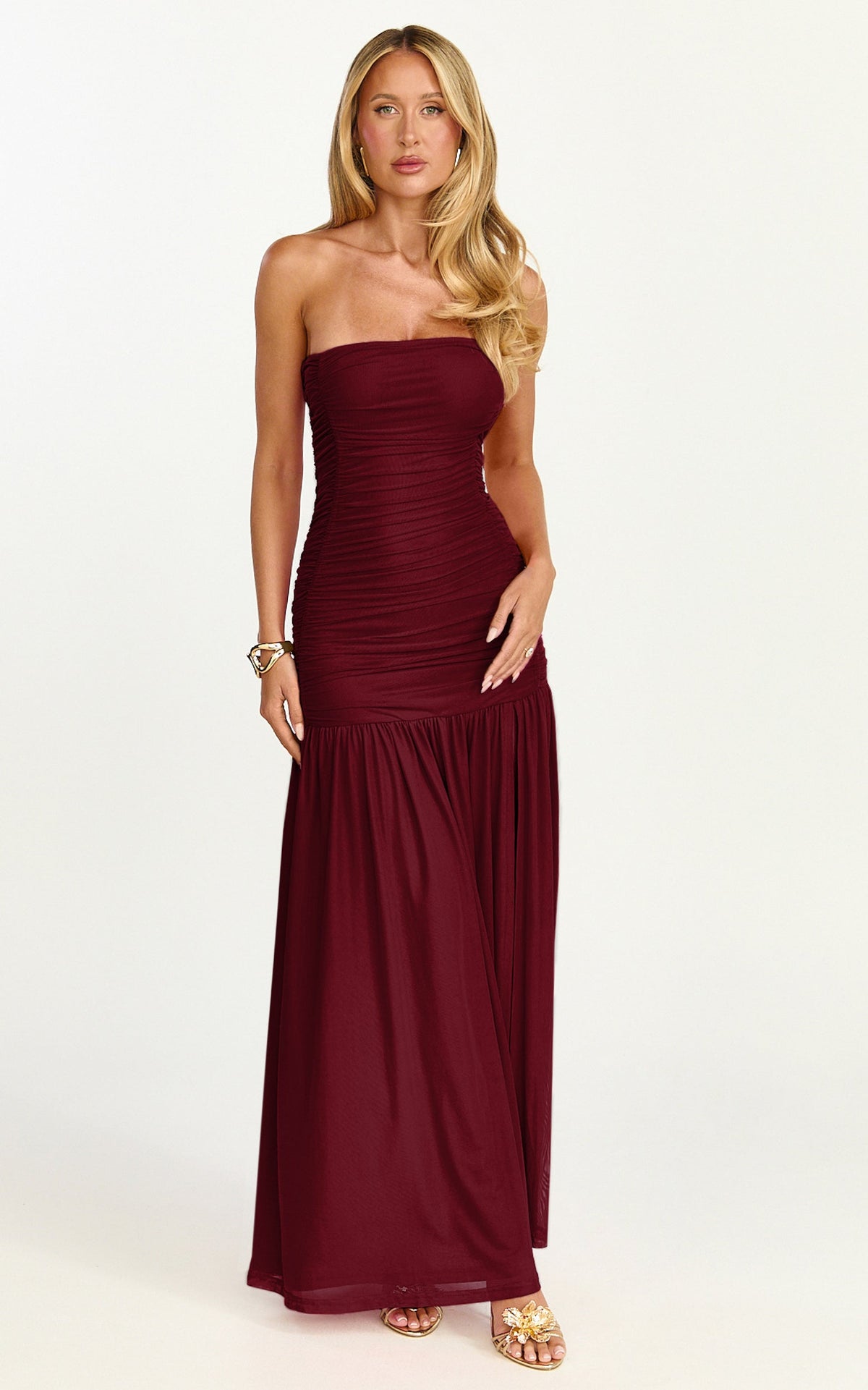 Marguerite Maxi Dress - Strapless Ruched Mesh High Leg Split Dress in Wine