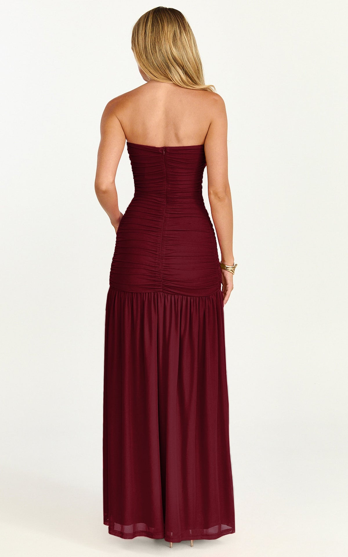 Marguerite Maxi Dress - Strapless Ruched Mesh High Leg Split Dress in Wine
