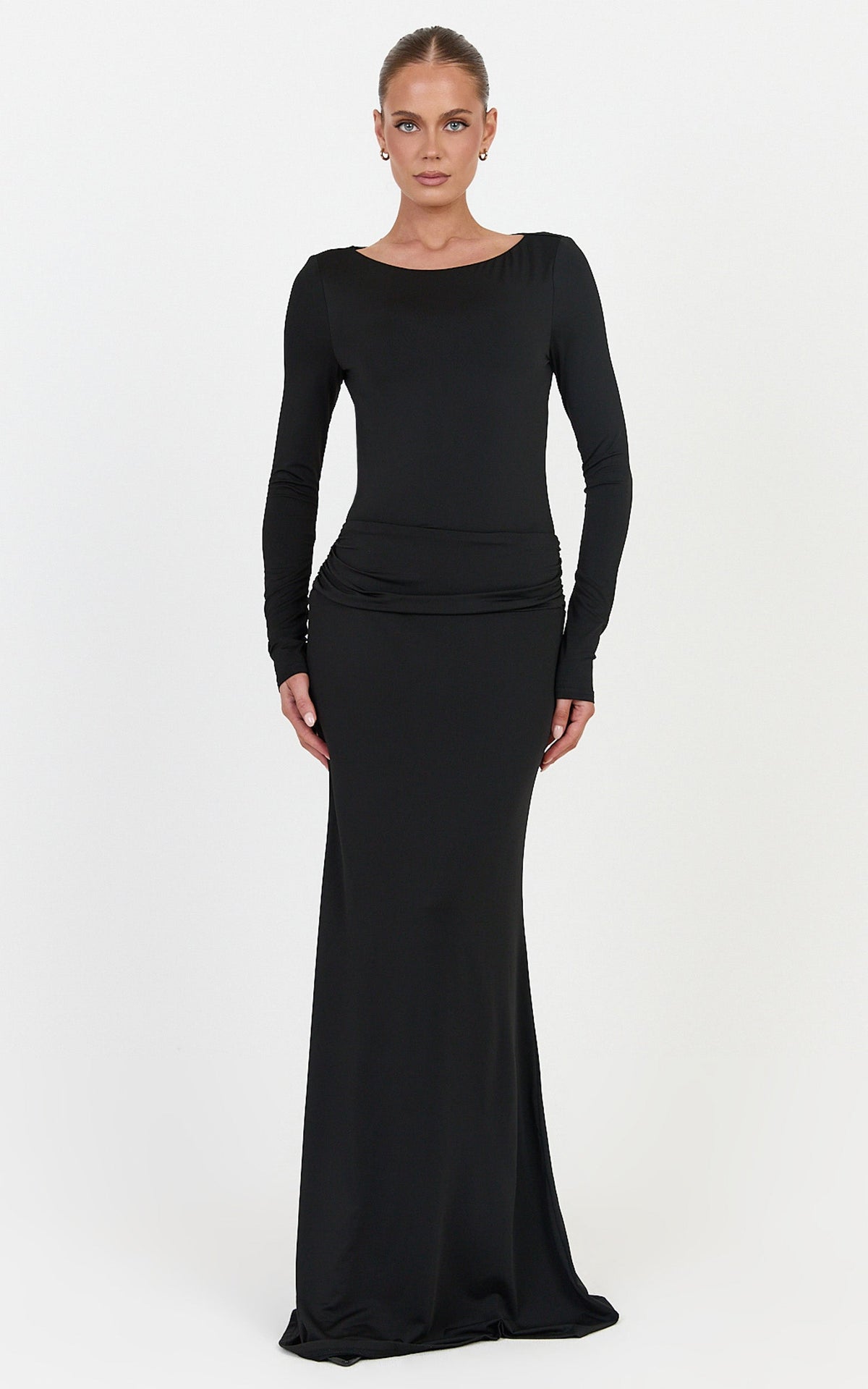 Maud Maxi Dress - Long Sleeve Open Back Dress With Hip Ruching Detail in Black