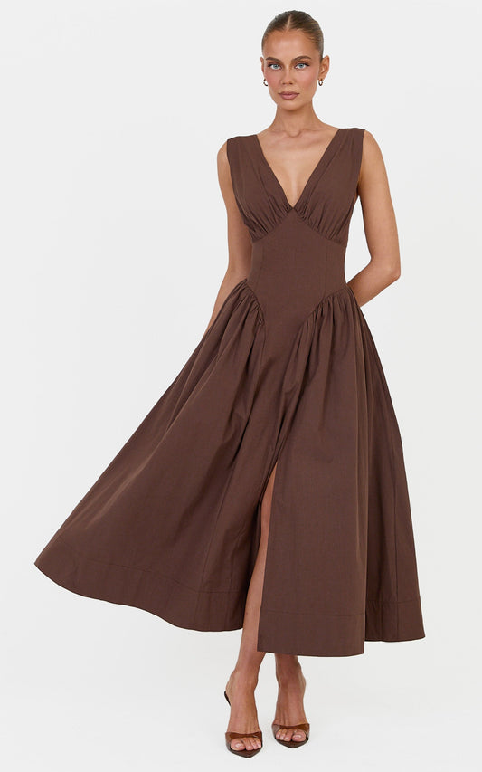 Melody Midi Dress - Cotton V Neck A Line Dress in Chocolate
