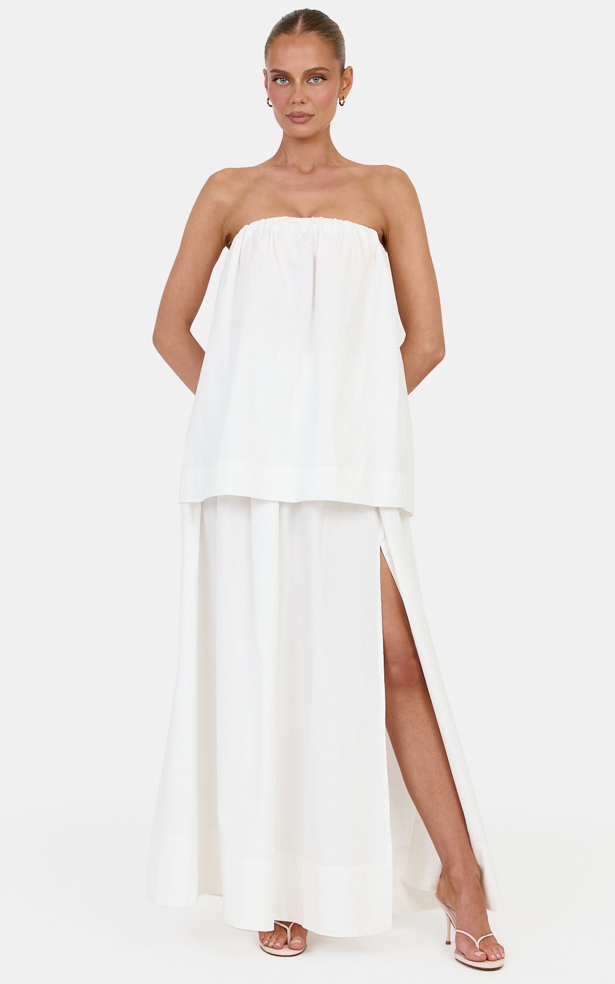 Melody Two Piece Top and Skirt Set - Cotton Strapless Top and Maxi Skirt Set in Off White