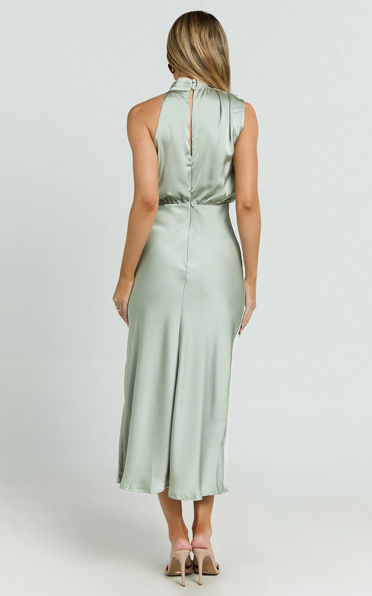 Minnie Midi Dress - Drape Neck Satin Slip Dress in Sage