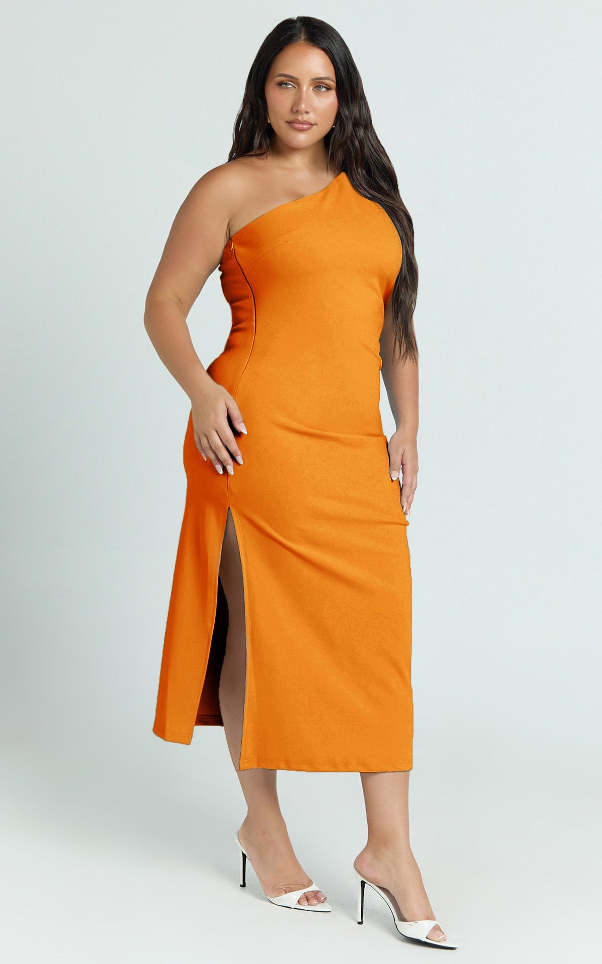 Monette Midi Dress - One Shoulder Straight Dress in Orange