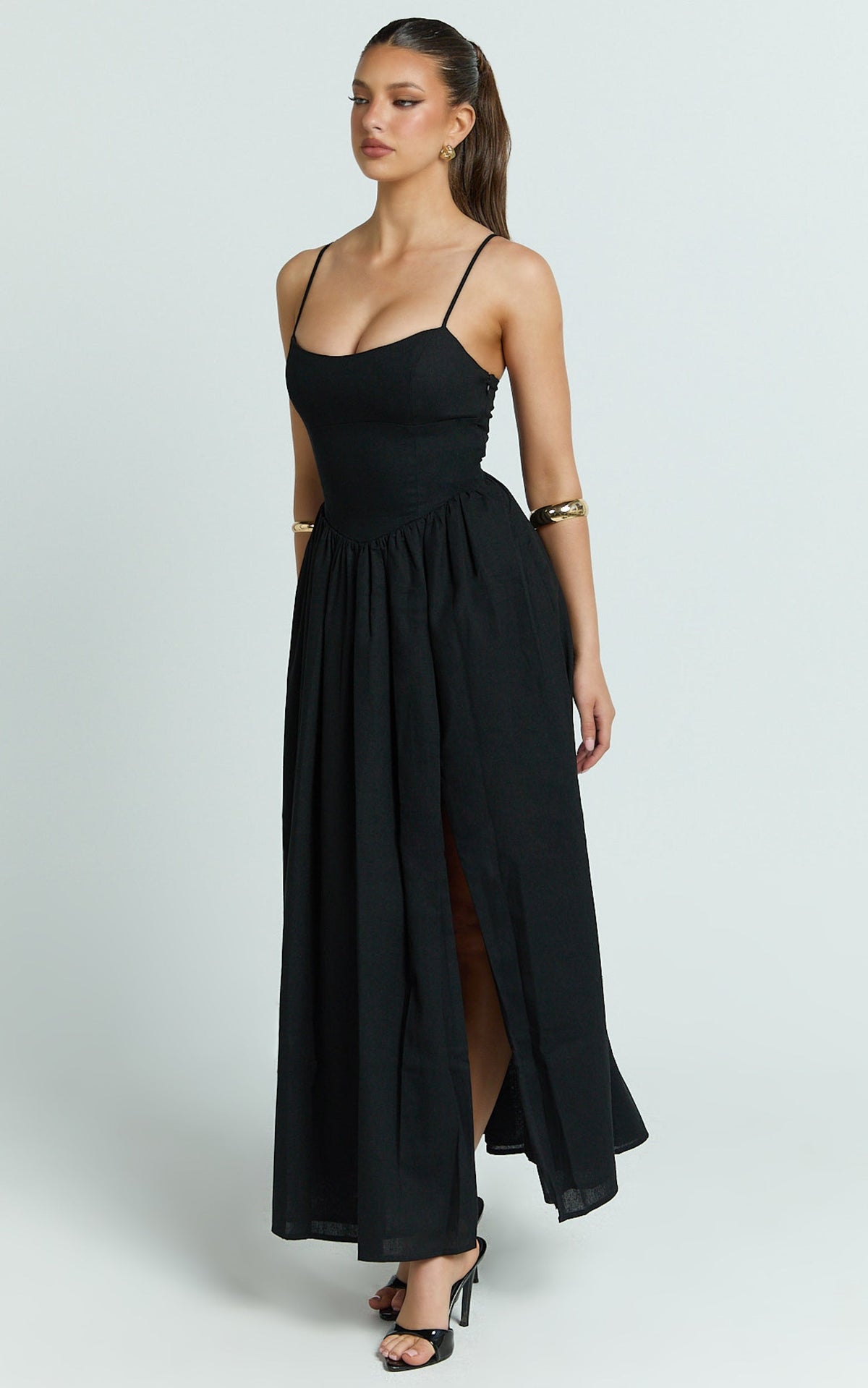 Morris Midi Dress - Linen Scoop Neck Gathered Dress in Black
