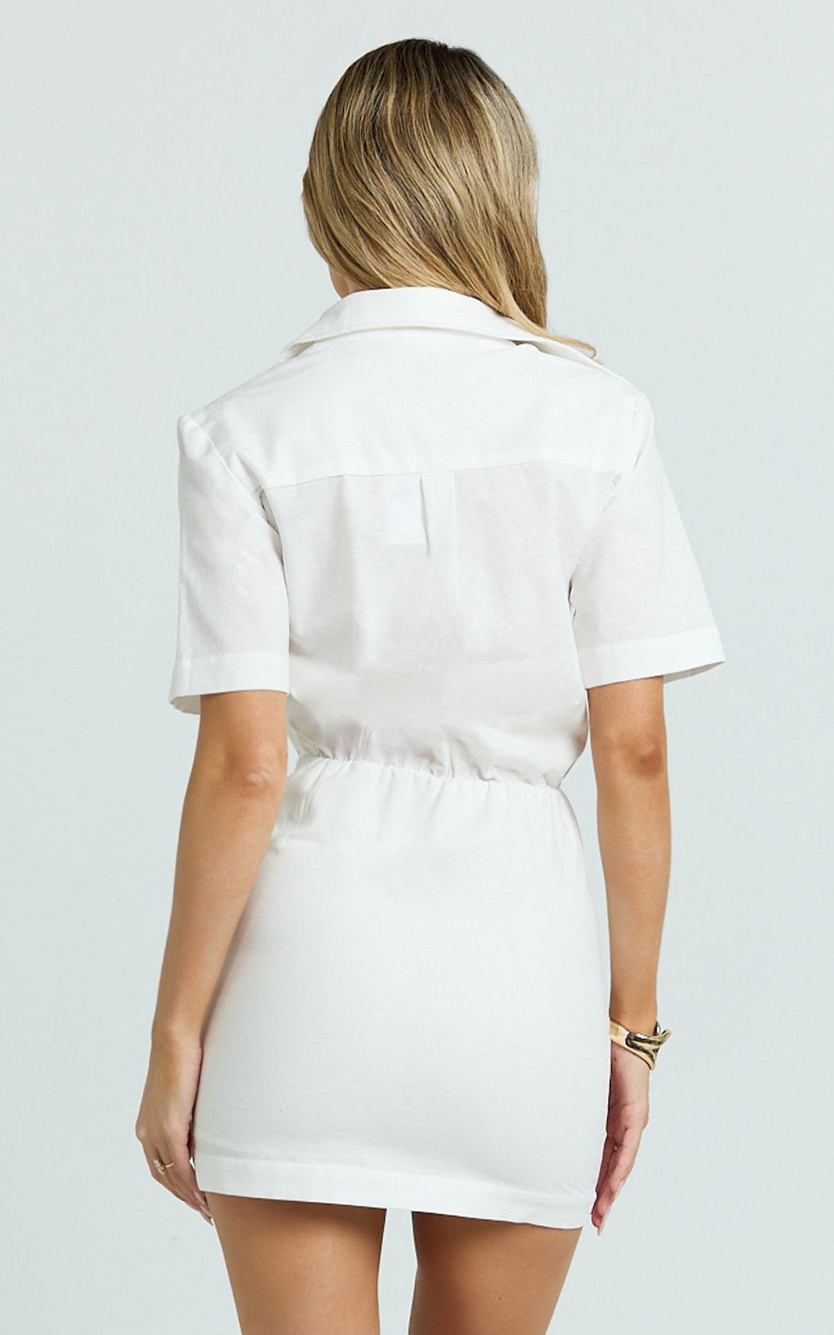 Muriel Mini Dress - Blouson Linen Blend Shirt Dress in Off White