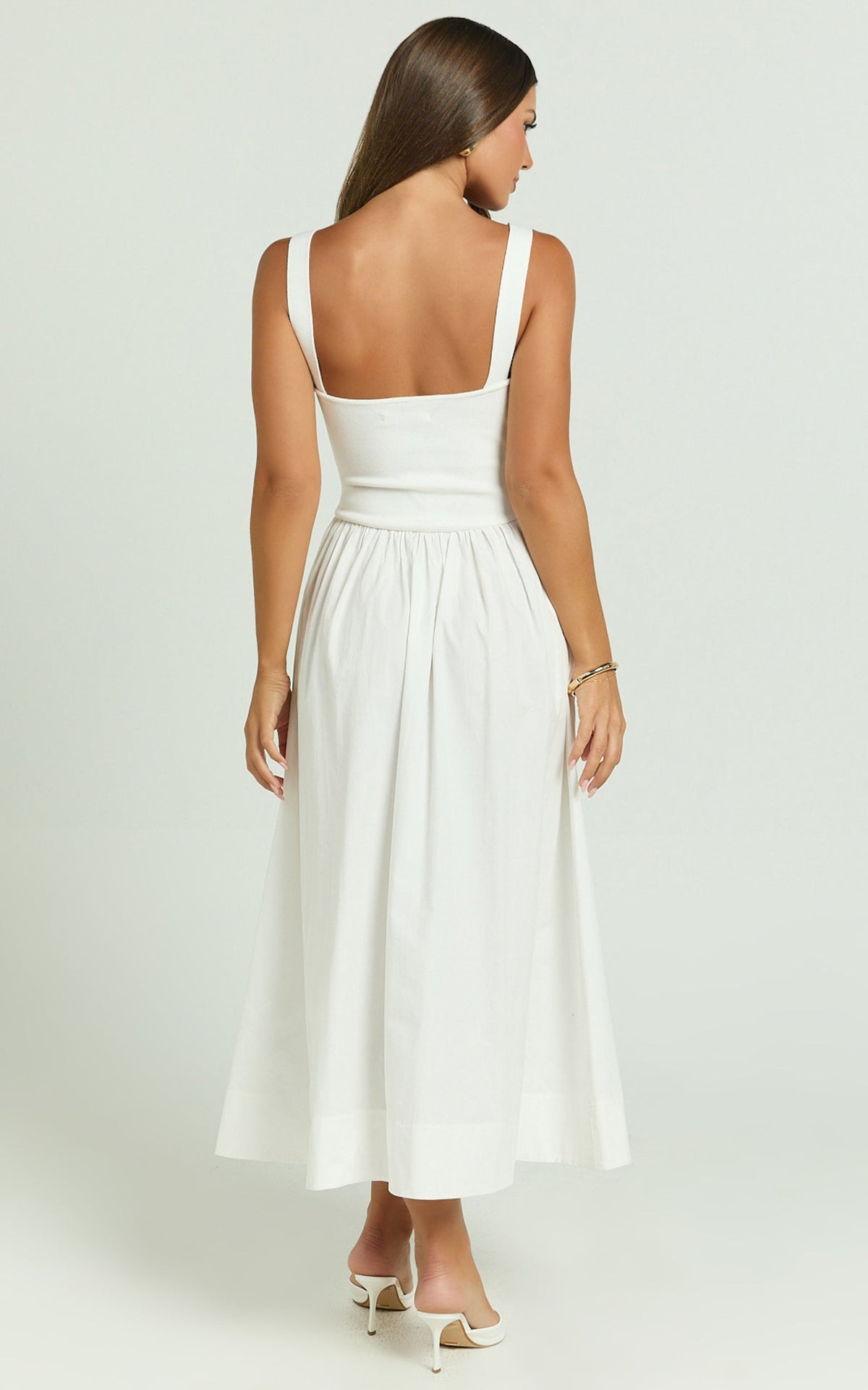 Murphy Midi Dress - Scoop Neck Straight Drop Waist Gathered Skirt Knit And Poplin Dress in White