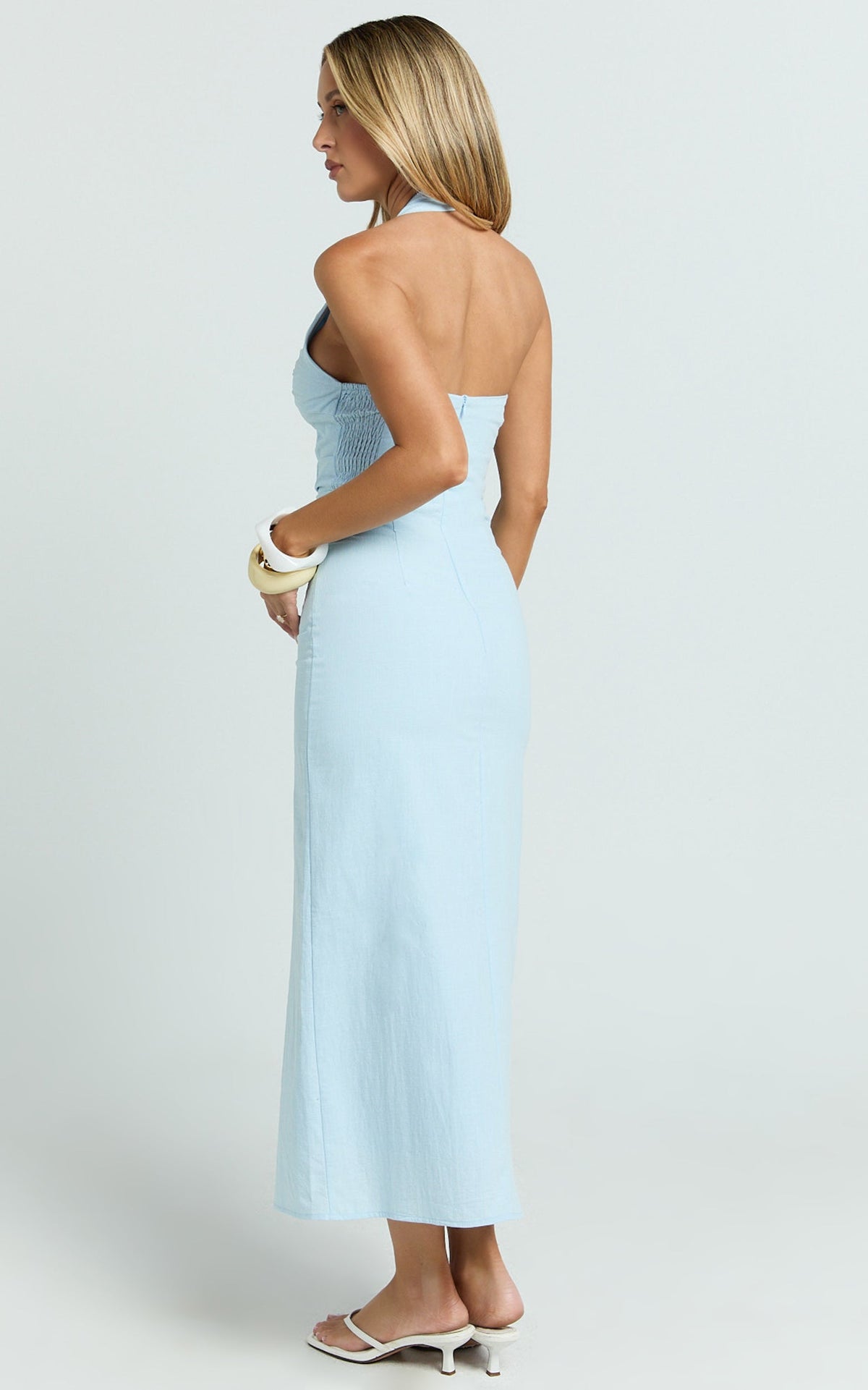 Murray Midi Dress - Deep U Halter Neck Dress in Pale Blue