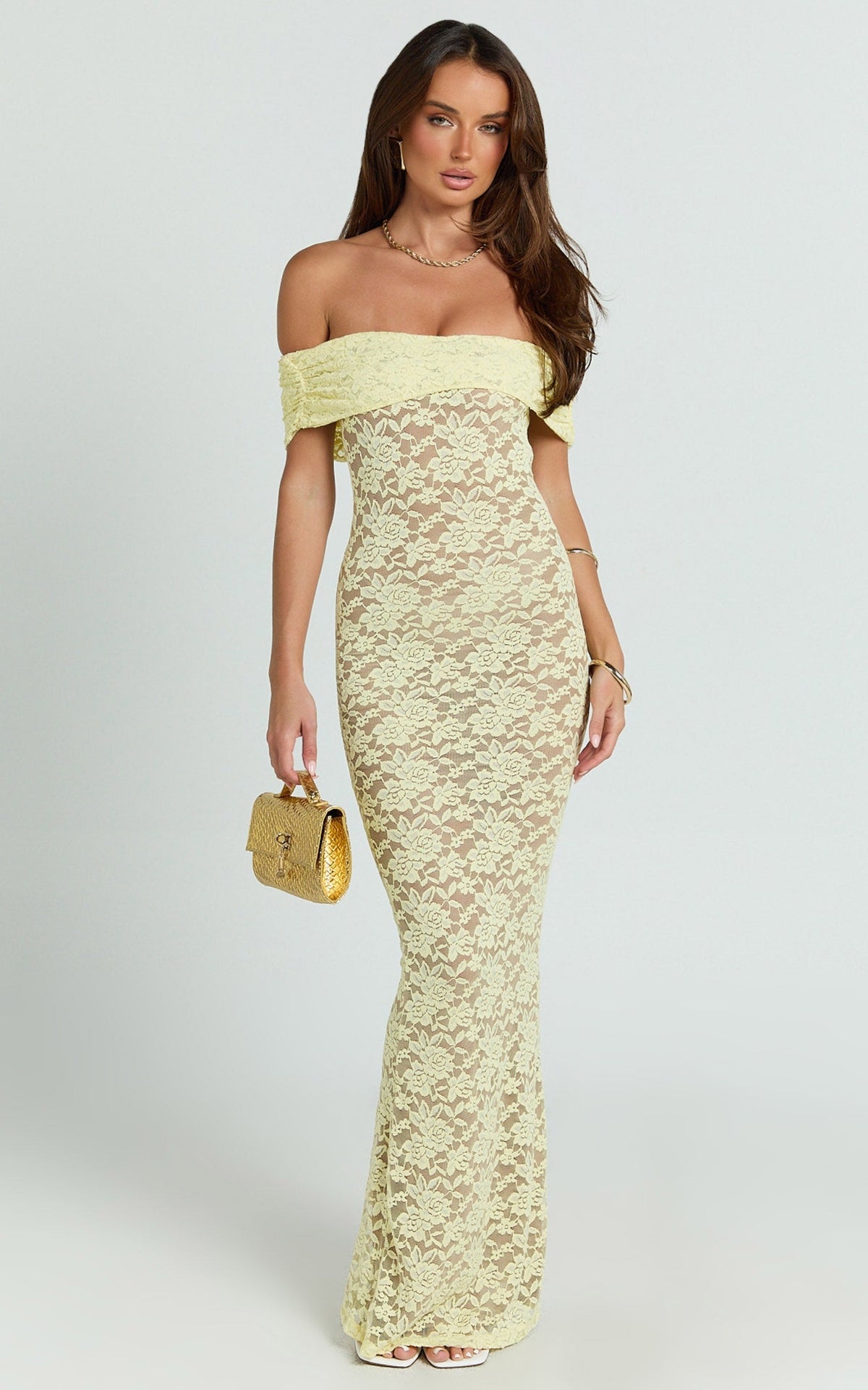 Nalani Maxi Dress - Lace Off Shoulder Column Bodycon Dress in Lemon