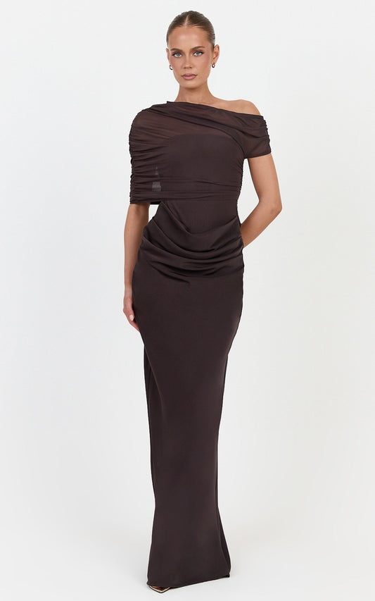 Nami Maxi Dress - Overlay Off Shoulder Draped Cowl Waist Dress in Chocolate