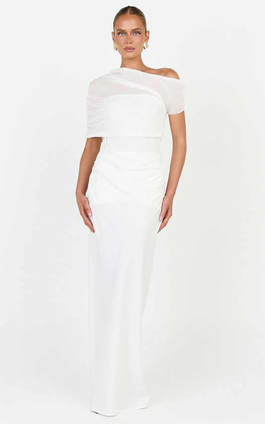 Nami Maxi Dress - Overlay Off Shoulder Draped Cowl Waist Dress in White