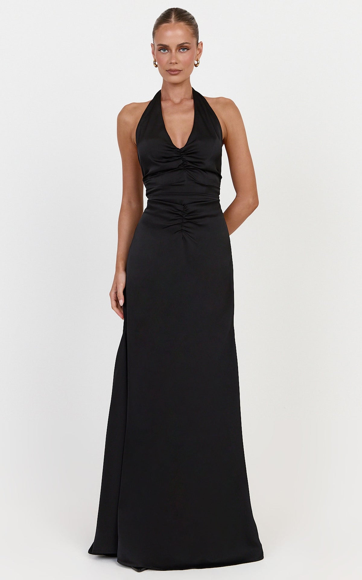 Nelle Maxi Dress - Backless Plunge Halter Neck Satin Dress With Knot Detail And Ruching in Black