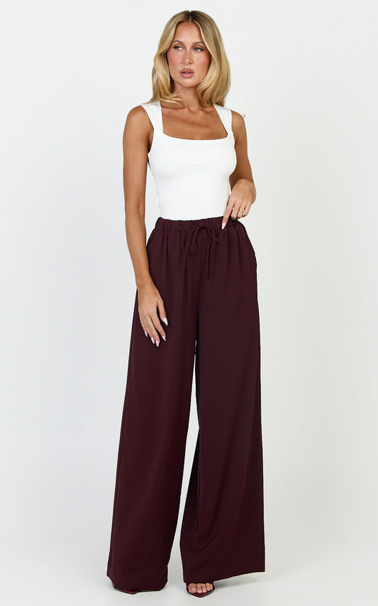 Nicole Pants - High Waist Elasticated Gathered Waist Wide Leg Pants in Wine