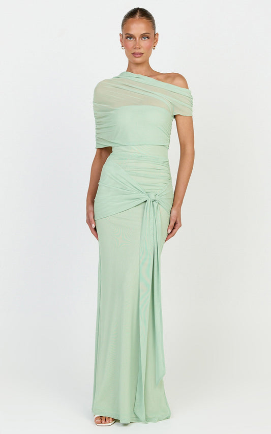 Nicolette Maxi Dress - Cape Sleeve Off Shoulder Dress in Sage
