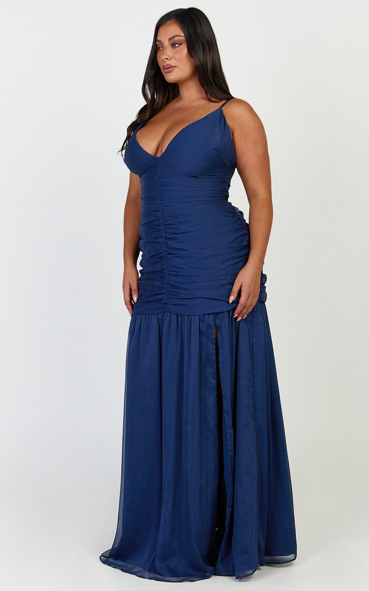 Oceane Maxi Dress - Plunge Neckline Gathered Chiffon Dress in Navy