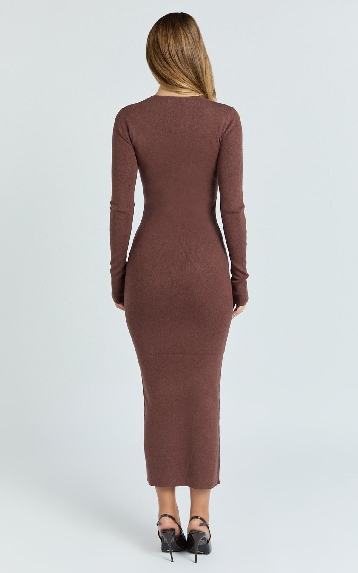 Odessa Midi Dress - U Neck Long Fitted Sleeve Sheer Waist Fitted Knit Dress in Chocolate