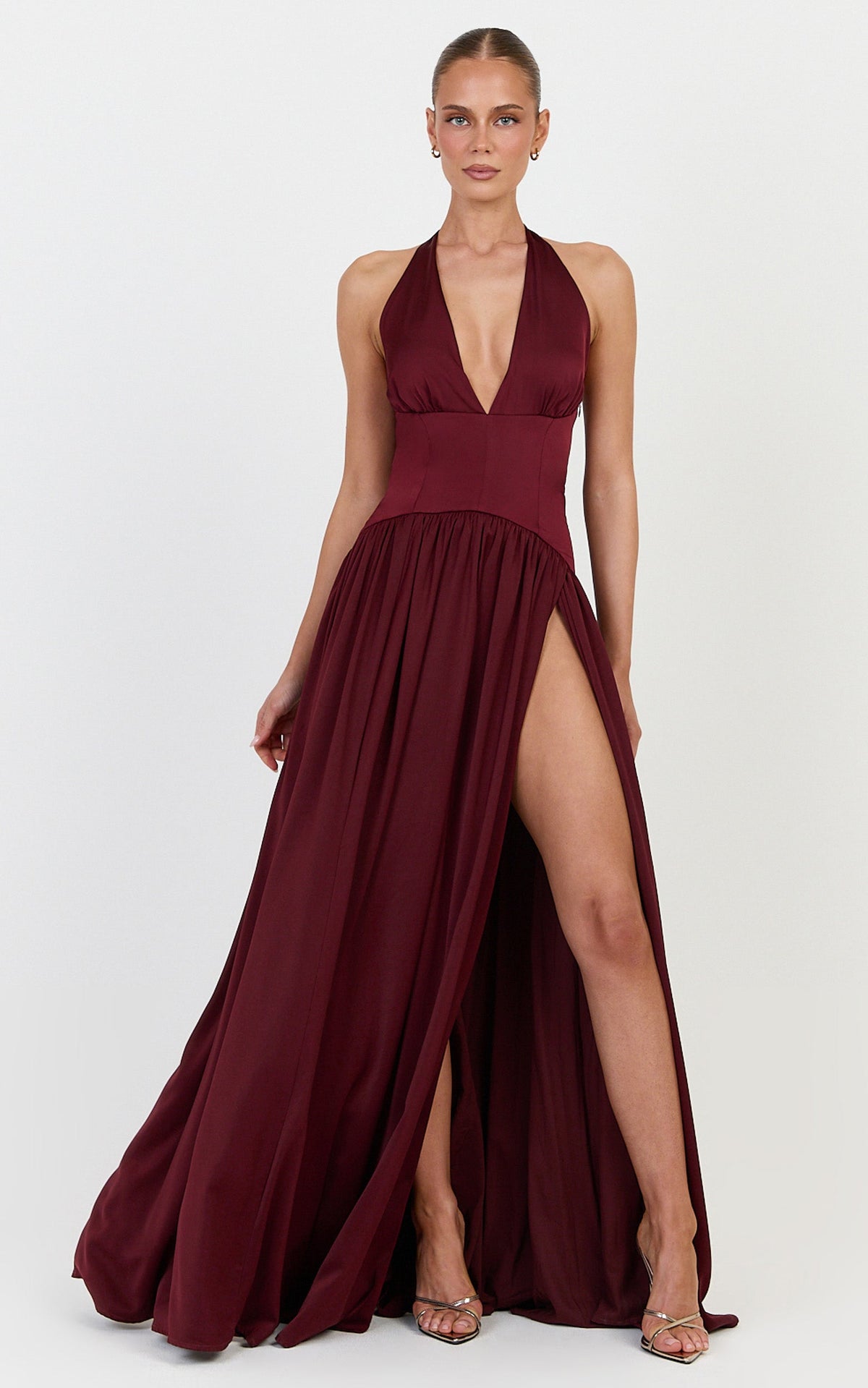 Orion Maxi Dress - Halter Fit And Flare Corset Waist Dress in Wine