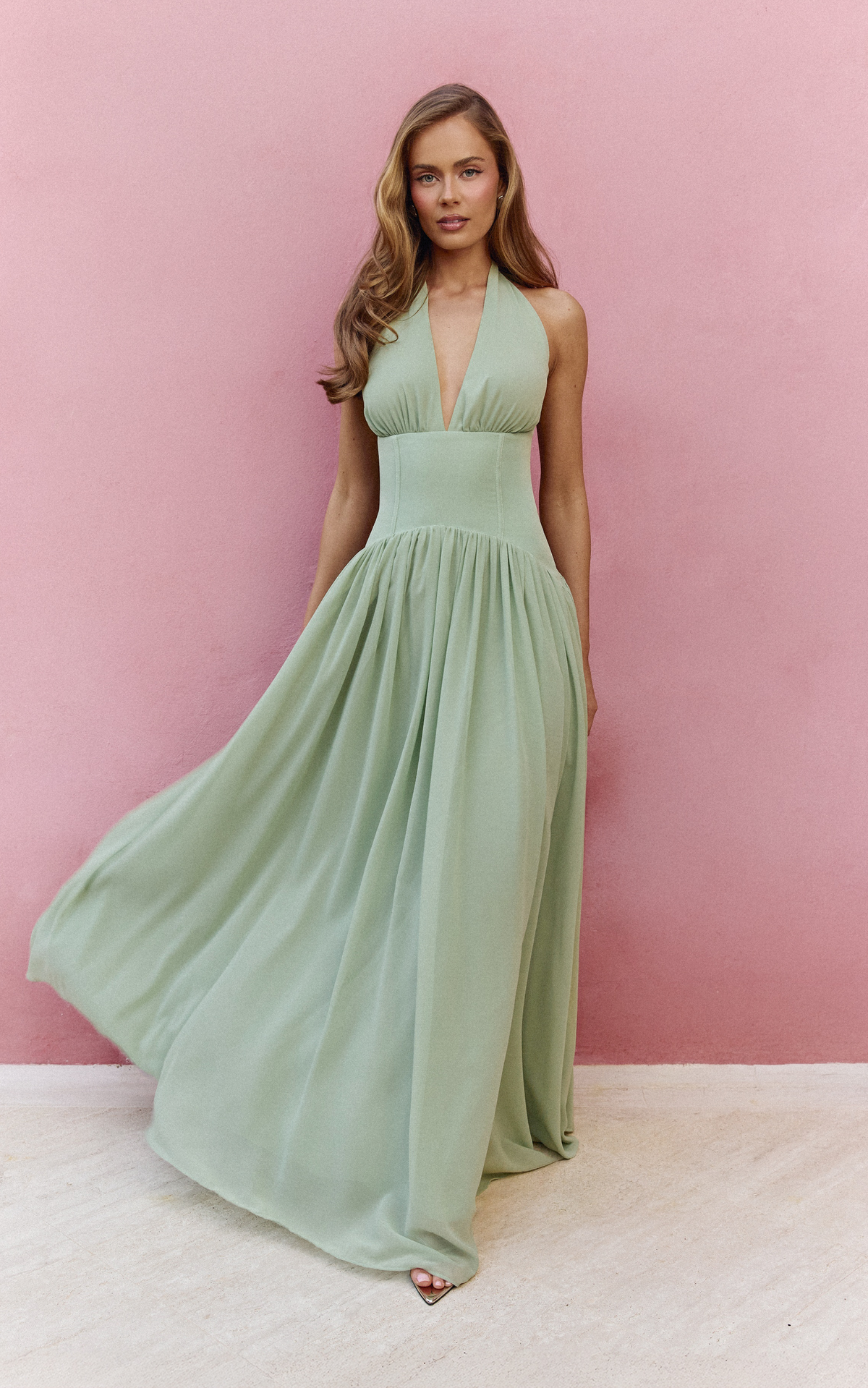 Josephine Maxi Dress - Contrast Corset Halter Neck Dress in Sage